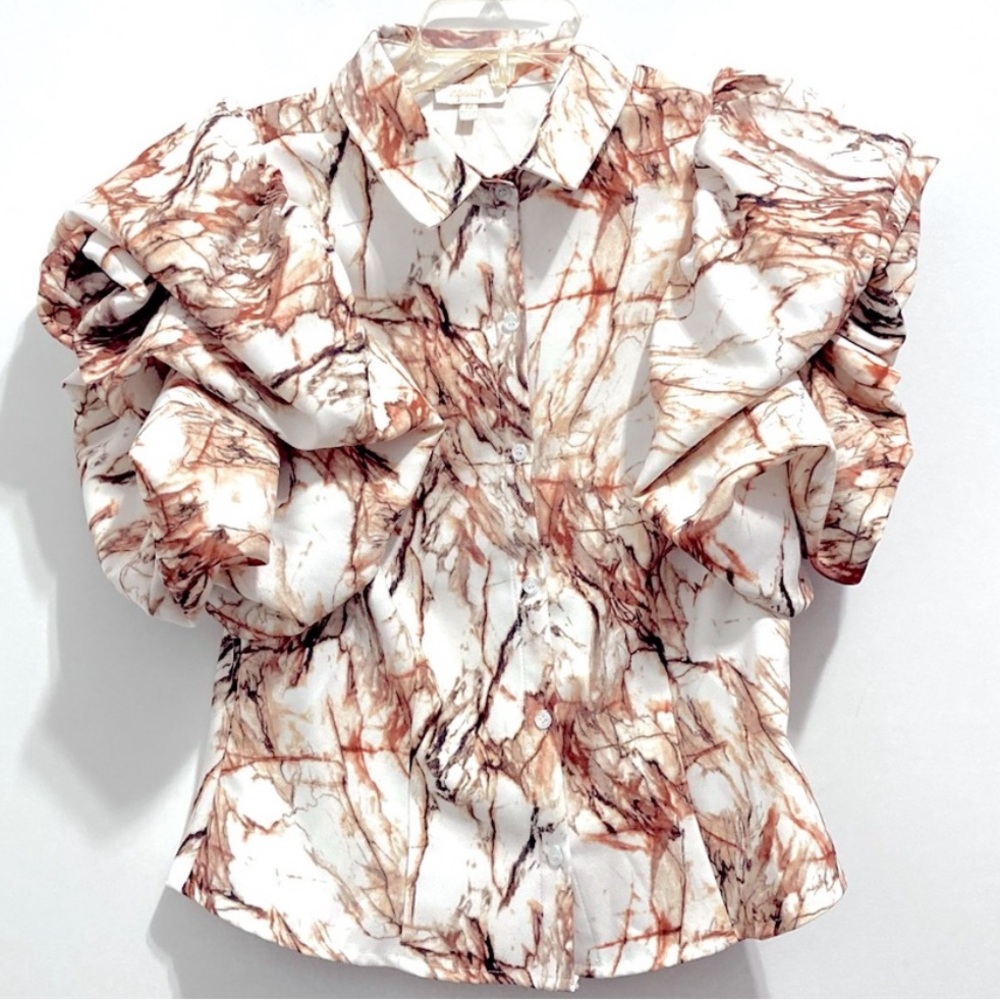A Peach Women’s Puff Fluted Sleeve Marble White & Brown Button Down Shirt - Picture 2 of 8